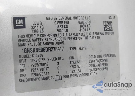 2013 Chevrolet Tahoe Lt из США, поврежденный, VIN 1GNSKBE06DR278417